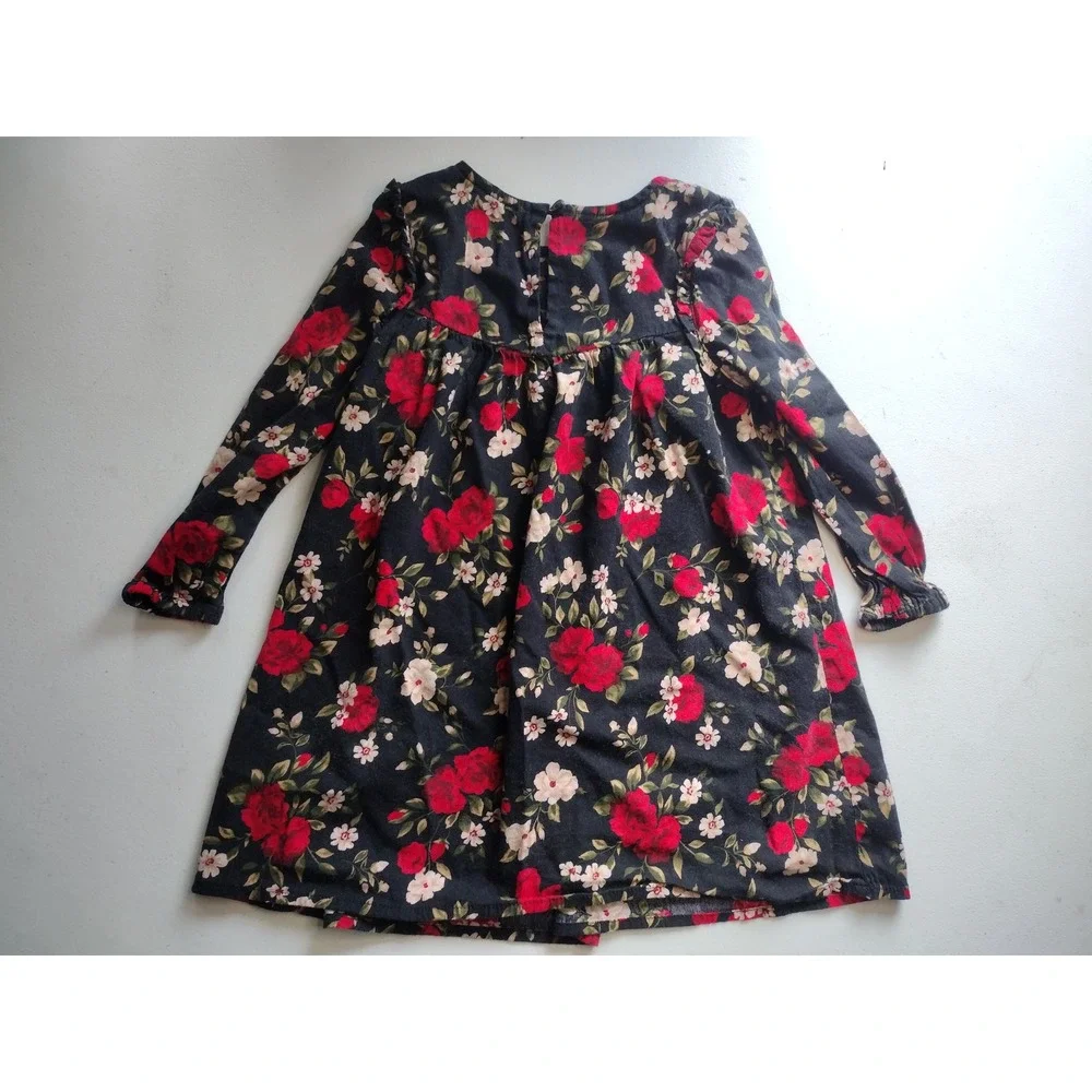 Old Navy Girls 3T Black Red Rose Floral Long Sleeve Empire Waist Jersey Dress